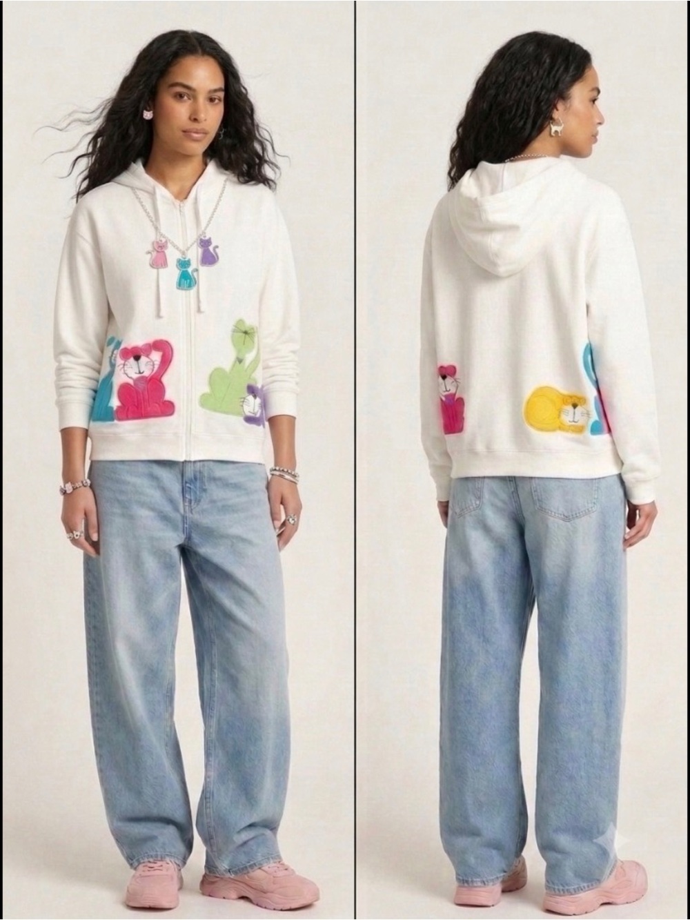 VINTAGE Lighthouse Apparel Cat Zip Up Novelty Hoodie White Graphic Embroidered L